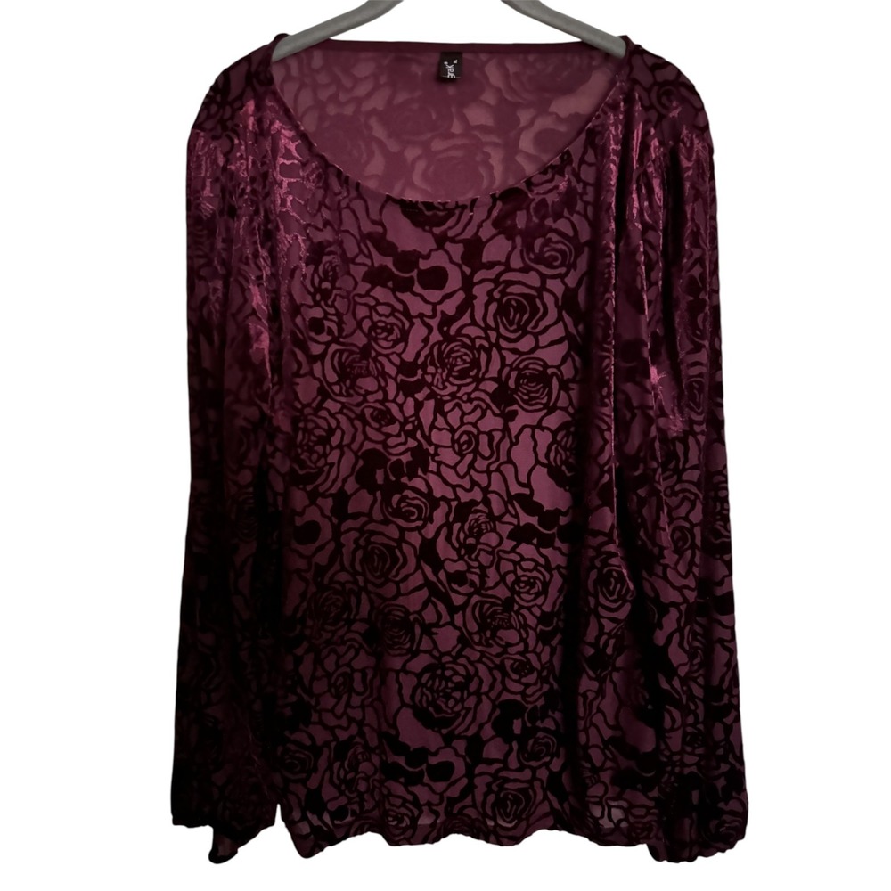 Allegra K Burnout Velvet Top Women XL Burgundy Floral Gothic Romantic Blouse